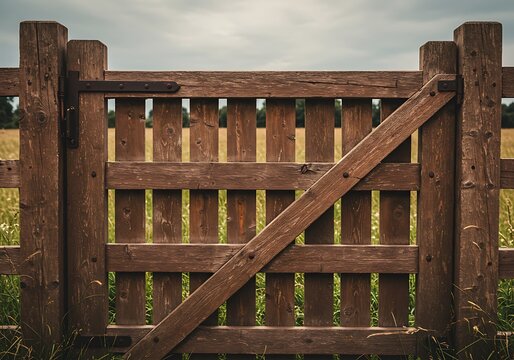 A rustic wooden gate stands sentinel, guarding a field of swaying summer grass under a brooding sky, showcasing rich brown tones and a diagonal brace.