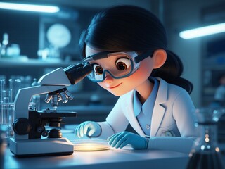 Animated researcher examines culture under microscope in sterile lab setting studying growth details