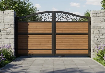 Elegant double wooden gates enhance a home's curb appeal with ornate ironwork atop warm brown panels and sleek black frames, nestled between stone pillars.