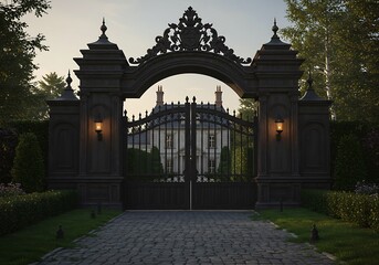 An elegant estate's grand entrance, a dark wrought-iron gate framed by stately stone pillars, warmly lit at twilight, revealing a majestic mansion beyond.