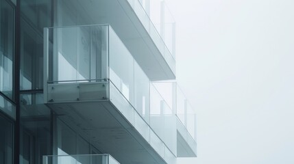 Obraz premium Modern Minimalist Architecture with Glass Balconies on a Misty Day