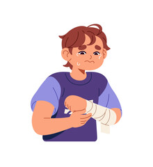 Unhappy kid cries, suffers from pain, sprain of hand. Child is weeping from ache from hurt, trauma. Sad little boy with medical bandage on injured arm. Flat isolated vector illustration on white