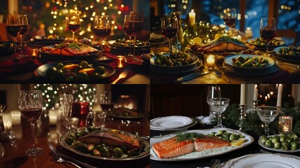 Christmas dinner salmon, brussels sprouts, wine.