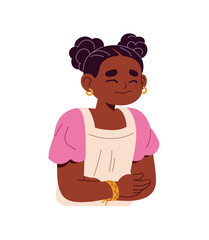 Sad little girl is ill, suffers from stomachache, food poisoning, disease. Sick child with ache in stomach. Unhappy kid holds her belly in abdomen pain. Flat isolated vector illustration on white