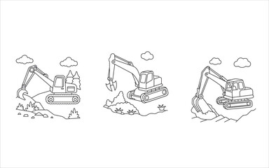 Hand drawn coloring page set of excavator Kids friendly a cute Vector illustration line artwork 
