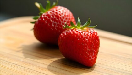 two strawberries sitting on top of a wooden cutting board