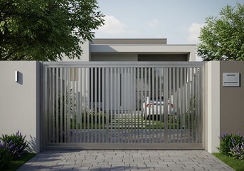 Modern minimalist sliding gate enhancing a sleek contemporary home's curb appeal with a neutral palette and subtle vertical lines.