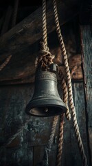 Obraz premium Antique bell hanging on ropes in a rustic barn