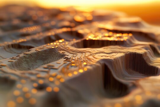 Abstract landscape with circuit-like patterns bathed in warm, golden sunset light.
