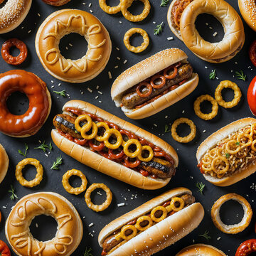 Gourmet Hot Dogs, Donuts & Onion Rings &ndash; High-Resolution Food Photo &ndash; Stylish flat-lay of hot dogs, donuts, and crispy onion rings on a dark background, ideal for ads, menus, and branding. 