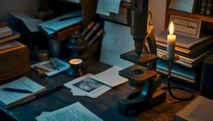 desk with a lit candle and many papers