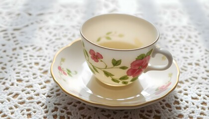 cup of tea on a saucer on a doily