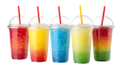 Five vibrant slushies in plastic cups with straws.