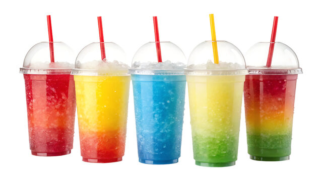 Five vibrant slushies in plastic cups with straws.