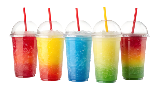 Five vibrant slushies in plastic cups with straws.