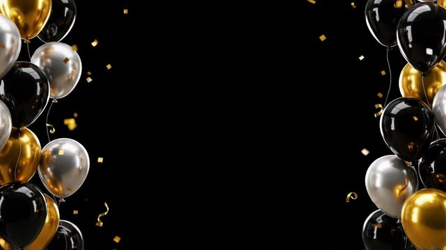 gold luxury flying balloon confetti on black background with copy space empty place, graduation party birthday happy new year Christmas opening sale award announcement, motion seamless looping loop