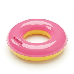 A pink and yellow inflatable swim ring isolated on a white surface in a studio setting view from above