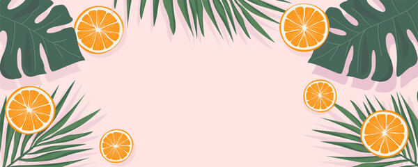 Oranges and palm leaves on a pink background for design. Juicy oranges and leaves on a pink background for design. Vector illustration with juicy oranges on a pink background.