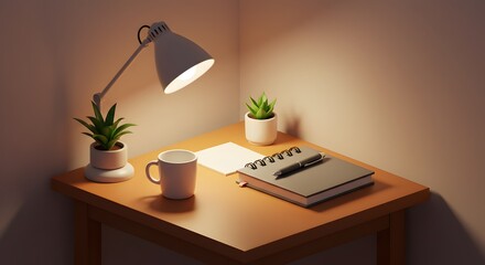 Cozy Desk Corner 3D Render of a Tranquil Workspace