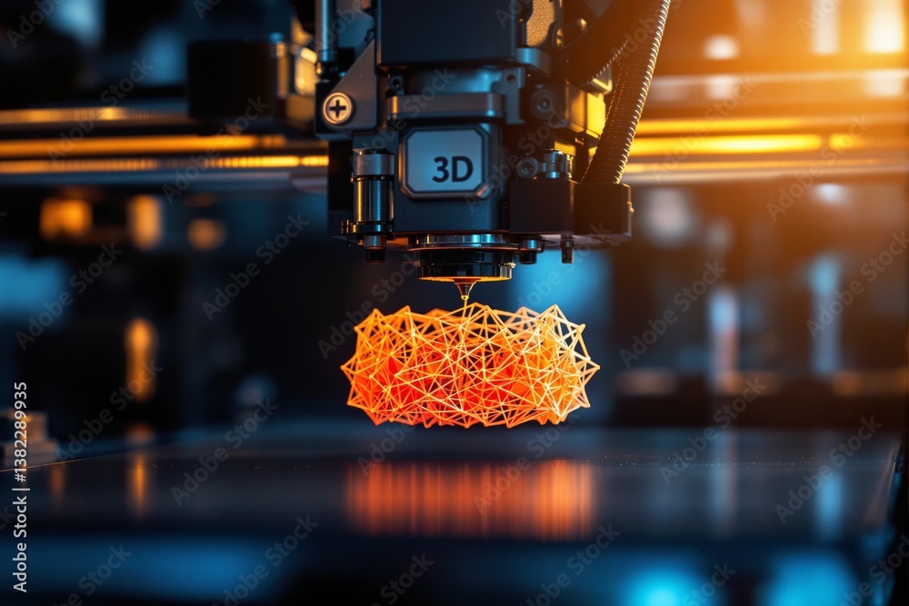 Poster futuristic 3d printer crafting intricate geometric object with glowing details.