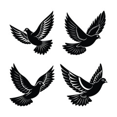 Vector pigeon silhouettes of flying birds and wings, icons of freedom
