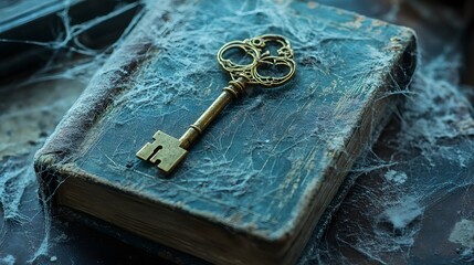 Antique Key on Dusty Book, Spiderwebs