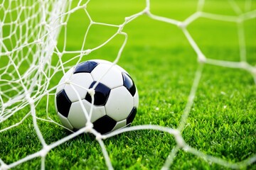 Fototapeta premium Soccer ball in goal net on green grass field, close-up view.
