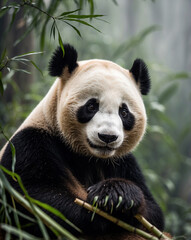 Fototapeta premium Giant Panda Resting on Bamboo in Misty Chinese Forest, Endangered Species