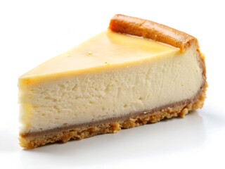 A decadent slice of creamy New York-style cheesecake, boasting a rich, golden-brown crust and a smooth, glossy top, perfectly presented against a bright white background.
