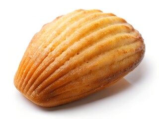 A golden-brown madeleine, shell-shaped and delicately textured, sits invitingly on a bright white background, promising a sweet and delightful treat.