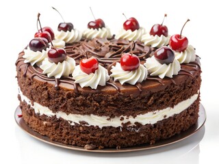 A decadent chocolate cake adorned with luscious cherries and creamy swirls, a delightful dessert masterpiece presented on a simple brown plate against a bright white background.
