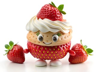 A cheerful strawberry-cake character playfully holding strawberries, radiating sweetness and joy...