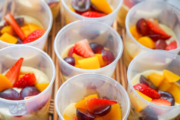 Jelly custard pudding with fresh fruits.
