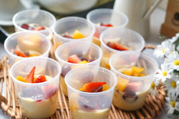 Jelly custard pudding with fresh fruits.