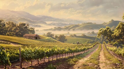 Obraz premium A serene vineyard landscape with rolling hills and a rustic barn, bathed in soft sunlight.