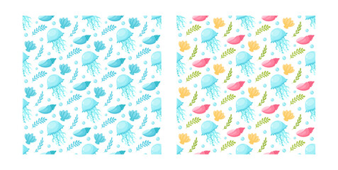 Two seamless patterns with cartoon jellyfish, shells, and seaweed. Marine theme. Colorful and monochrome endless texture.
