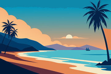 Fototapeta premium tropical beach with palm trees and sun