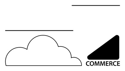 Cloud shape connected with diagonal black triangle and Commerce label. Represents trade, cloud computing, connectivity, innovation, e-commerce, data storage, and simplicity. Ideal for modern flat