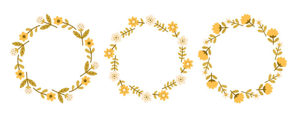 Spring flower circle frame set. Floral circle frame. Hand drawn botanical round border, laurel, wreath with branches, leaves and flowers illustration for wedding invitation, card, logo