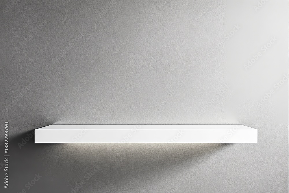 Poster minimalist white floating shelf on textured gray wall.