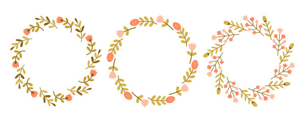 Spring flower circle frame set. Floral circle frame. Hand drawn botanical round border, laurel, wreath with branches, leaves and flowers illustration for wedding invitation, card, logo