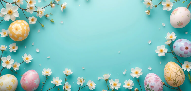 A vibrant spring banner featuring pastel Easter eggs and white blossoms on a teal background, perfect for seasonal sales and celebrations. Copy space. easter background with eggs