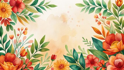 Obraz premium A Vibrant Watercolor Floral Frame with Lush Greenery and a Delicate Beige Background Perfect for Wedding Invitations or Elegant Announcements