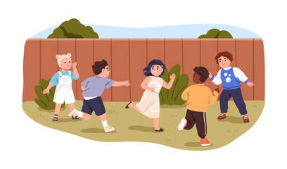 Kids playing tag game in yard. Happy children running and chasing, outdoor activity. Active kindergarten friends, boys and girls having fun. Flat vector illustration isolated on white background © Good Studio