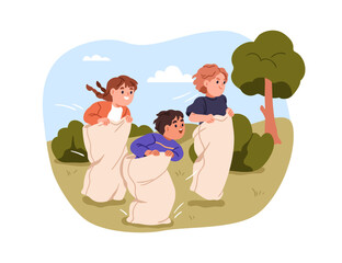 Kids sack race. Happy children playing active game outdoors. Boys and girl jumping and running in bags, funny competition. Summer fun activity. Flat vector illustration isolated on white background