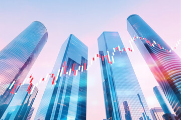 Modern skyscrapers with transparent financial chart overlay on pastel sky background.