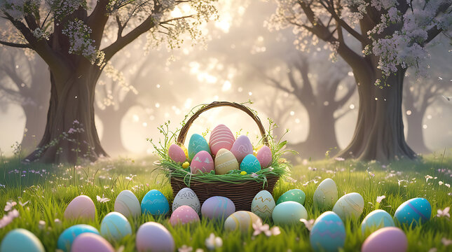 Easter day celebration with pastel tone easter eggs in a joyful setting of spring