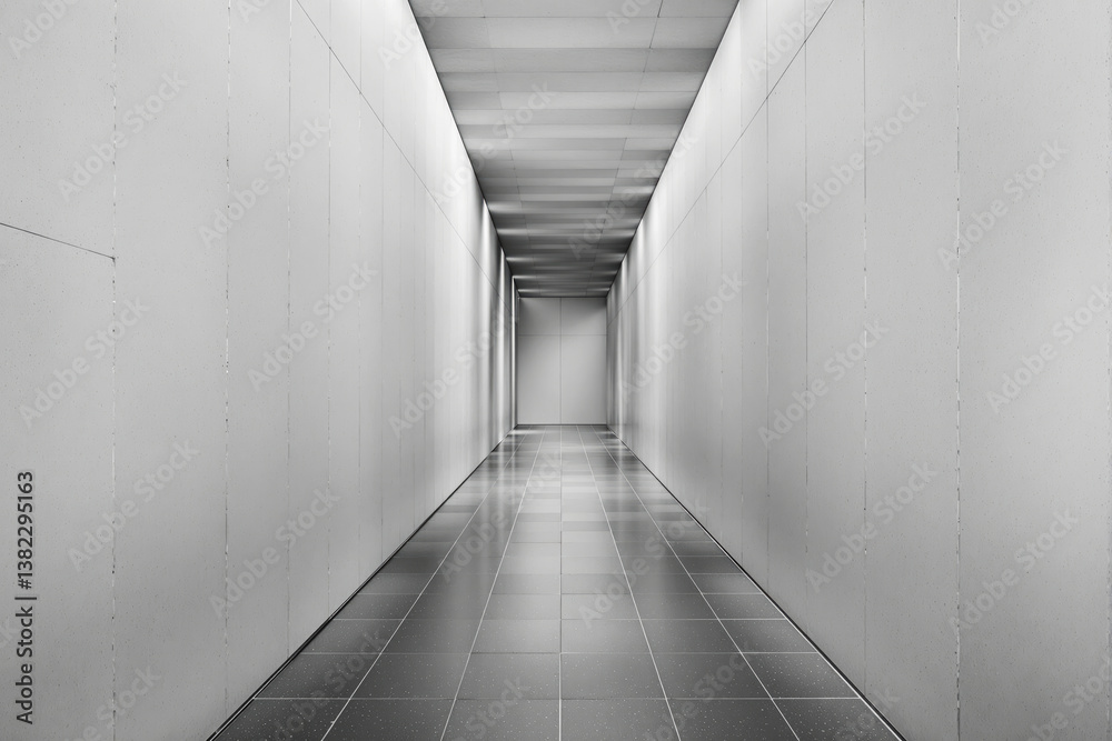 Poster futuristic white corridor with reflective tiled floor and soft ambient lighting.