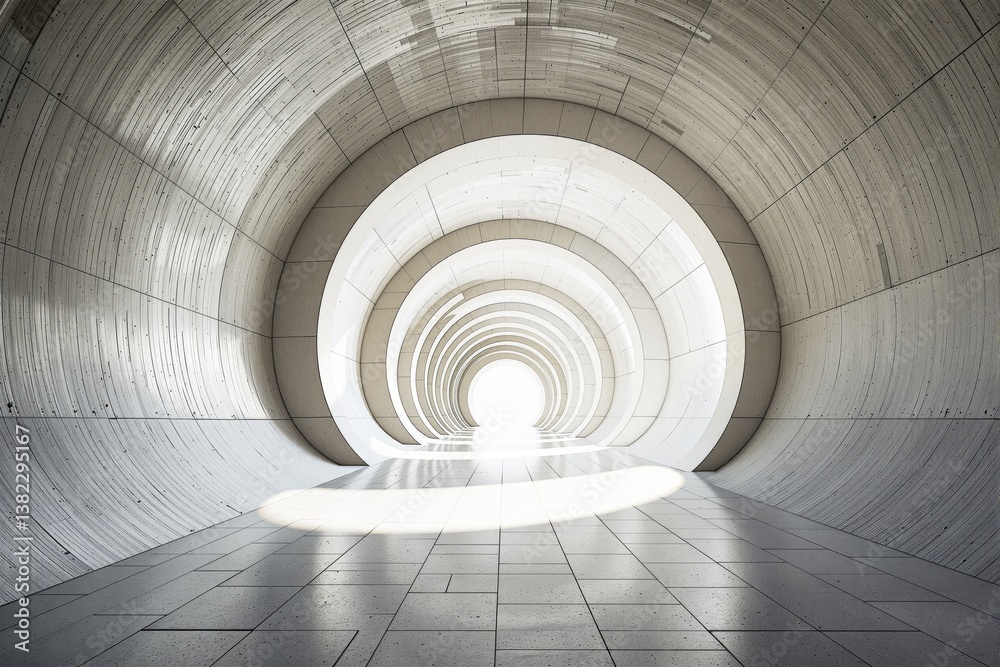 Poster futuristic tunnel with circular arches and bright light at the end.