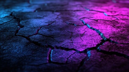 Fototapeta premium Glowing cracks spread across a dark surface, emitting ethereal purple and cyan hues that evoke mystery and depth.